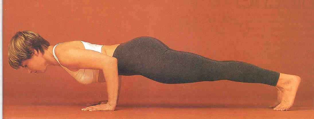 Woman doing low plank pose chaturanga dandasana ex